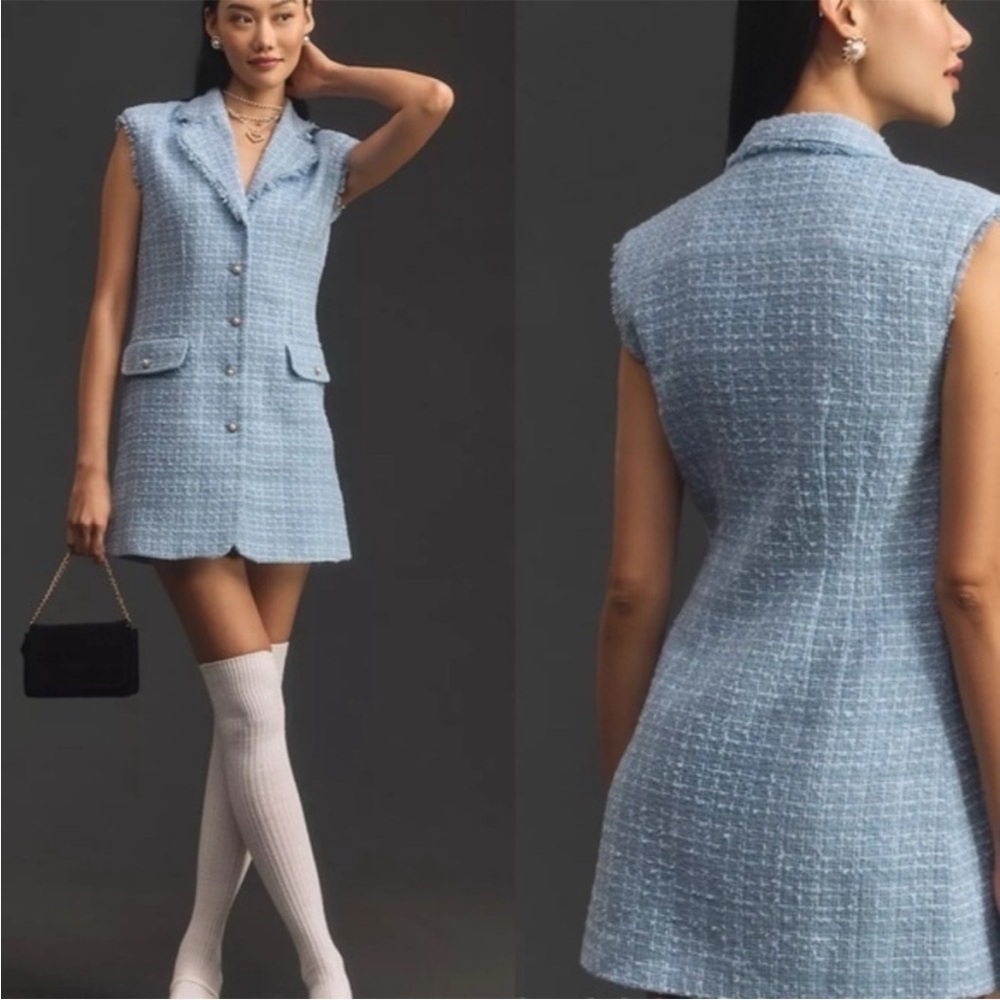 Maeve Light Blue Tweed Sleeveless Shift Dress